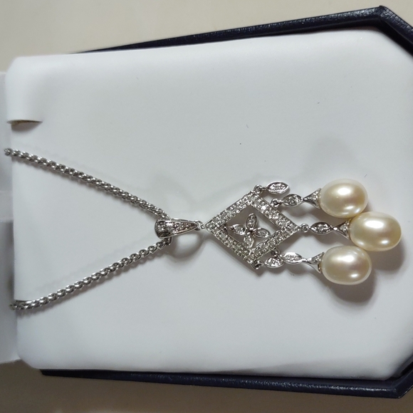 14kt white gold necklace with diamond and pearl drop pendant and earring… - Picture 3 of 14